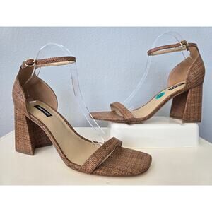 Nine West Raffia Block Heel Sandals Women's Size 12 Brown Ankle Strap Office